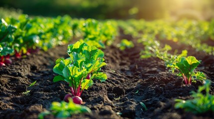 A close-up view of red beets growing in a garden field. The beets are in rows, and the soil is dark and rich. The sun is shining brightly, and the leaves are green and lush. This image symbolizes the 