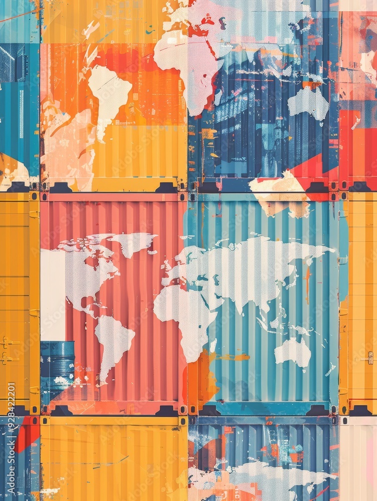 Aufkleber a colorful abstract image featuring a world map painted on shipping containers, symbolizing global t
