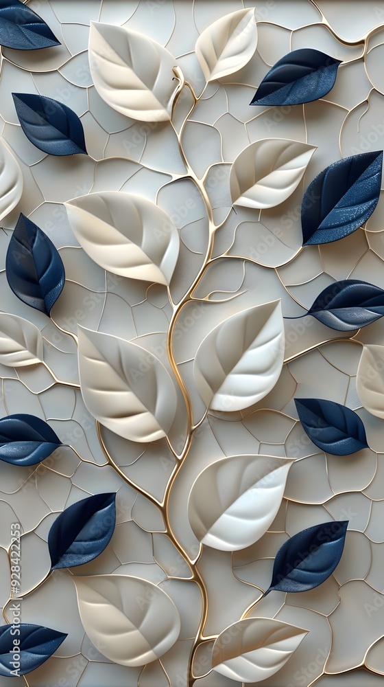 Aufkleber a 3d rendering of a branch with white and blue leaves. the background is white with a subtle geometr