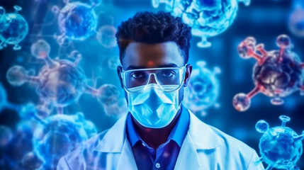 Multiple covid-19 cells against caucasian male doctor wearing face mask . coronavirus covid-19 pandemic concept