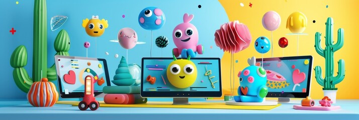 A colorful and playful scene featuring 3D characters surrounding computers, symbolizing creativity, imagination, technology, design, and digital art.
