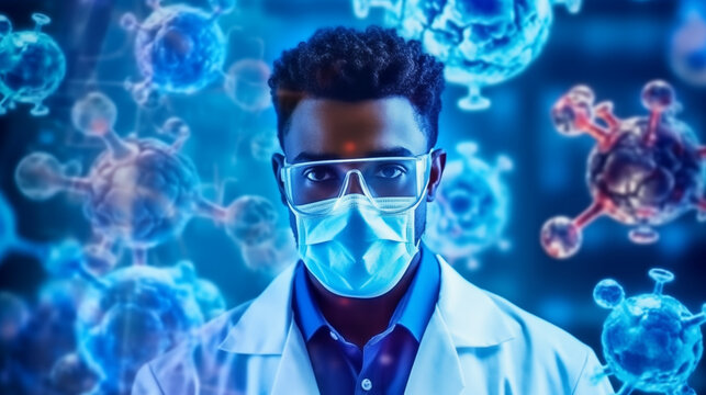 Multiple covid-19 cells against caucasian male doctor wearing face mask . coronavirus covid-19 pandemic concept