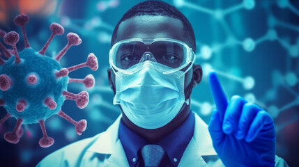 Multiple covid-19 cells against caucasian male doctor wearing face mask . coronavirus covid-19 pandemic concept