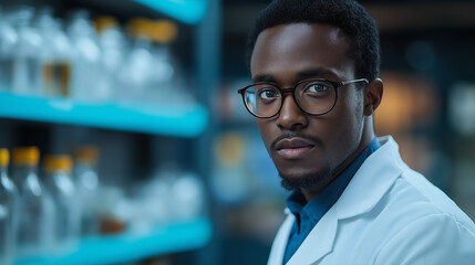 Fototapeta premium Man scientist , chemical solution in many test tubes and analyze the chemical reactions that occur in chemical laboratory, science background