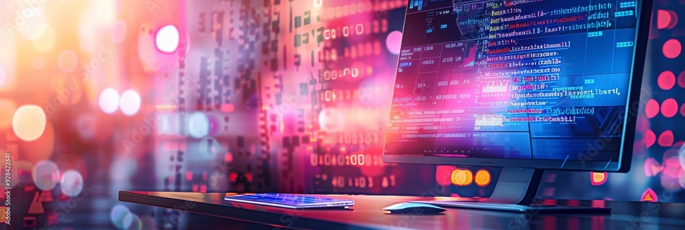 Poster a computer monitor displaying code, with a keyboard and mouse on a desk. the background is blurred w