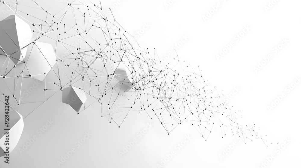 Poster 42. abstract 3d design featuring a network of floating geometric forms and subtle shadows against a 