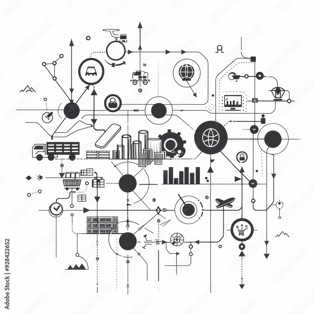 Poster a complex network of interconnected circles and lines representing global logistics and supply chain