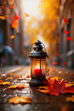 Autumn sheeny lantern on a evening city street with fall bright orange maple leaves on a ground vertical video