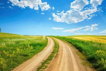 Fototapeta premium Rural landscape with yellow flowers in spring under blue sky