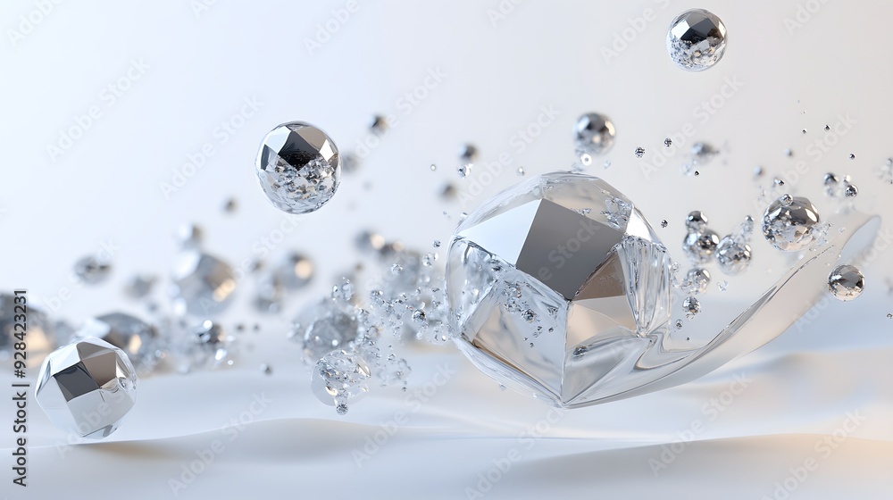 Poster 44. floating geometric prisms and spheres in a complex 3d configuration, set against a pristine whit