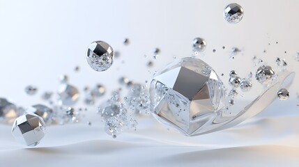 44. Floating geometric prisms and spheres in a complex 3D configuration, set against a pristine white background.