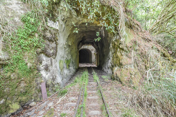 Beautiful But Abandoned Mianyue Line Railway With Tunnels And Thousand People Cave (Qianrendong) At The Hiking Trail To Water Forest (Shuiyang Forest), Alishan National Scenic Area, Chiayi,Taiwan