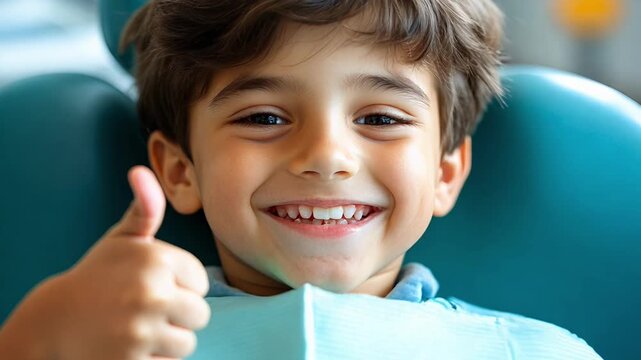 A young boy is sitting in a dentist chair with a thumbs up gesture. He is smiling and he is happy