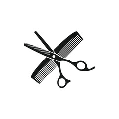 Scissors and hairbrush graphic icon. Sign crossed scissors and hairbrush isolated on white background. Barbershop symbols. Vector illustration