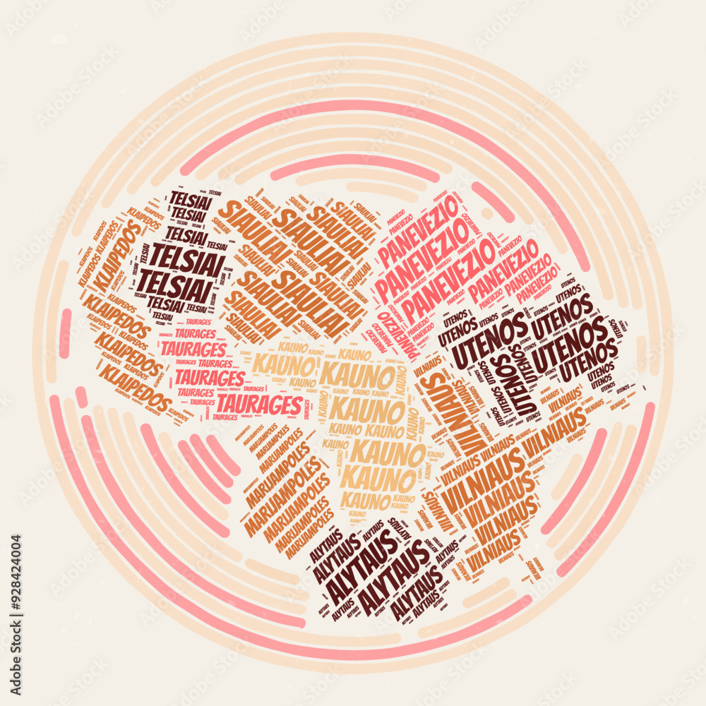 Poster lithuania round poster. typography style image of the country. regions word clouds of lithuania. vin