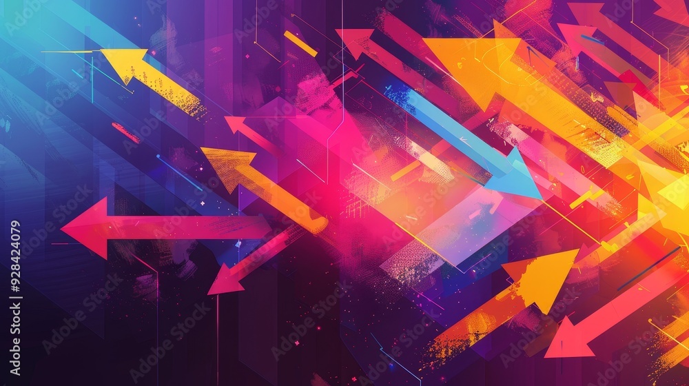 Poster a dynamic and energetic composition of overlapping arrows pointing in various directions, symbolizin