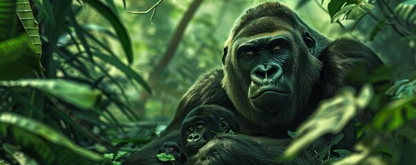 Obraz premium Stoic gorilla watching over its family in the lush jungle, 4K hyperrealistic photo
