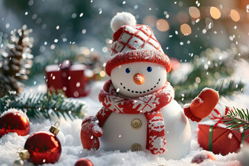 Obraz premium Christmas greeting card with bright winter holiday snowman and New Year background