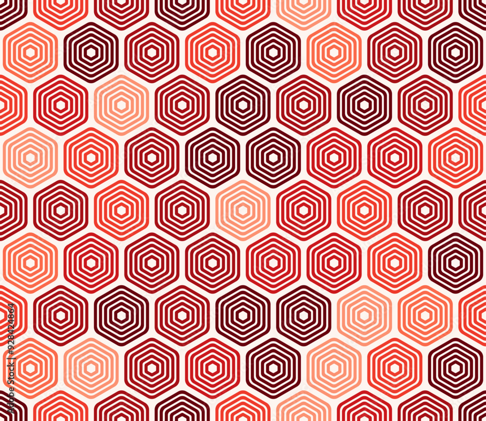Poster hexagon background. bold rounded stacked hexagons mosaic pattern. red color tones. hexagonal cells. 
