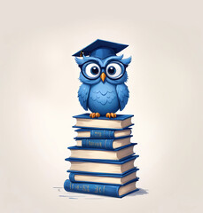 Blue owl cartoon character with glasses and graduation cap sitting on stack of books