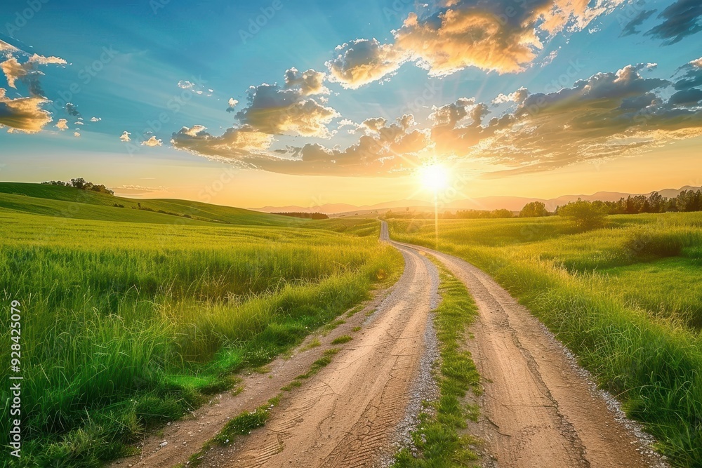 Wall mural rural summer landscape with green grass roads clouds and sunset over a dirt road