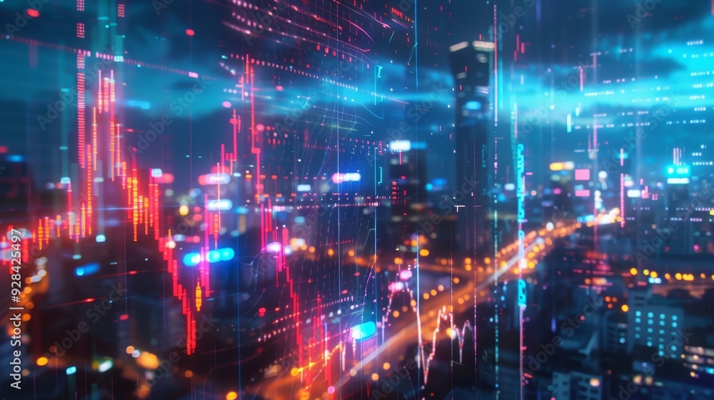 Aufkleber a futuristic city skyline illuminated with glowing lines and data streams, symbolizing technology, i