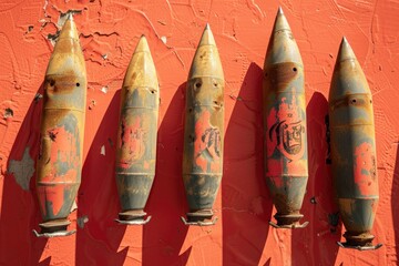A row of old, rusted rockets sit on a red wall, with faded paint and rusty hinges