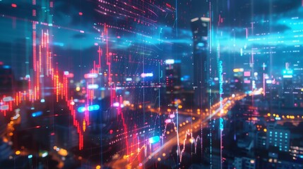 Fototapeta premium A futuristic city skyline illuminated with glowing lines and data streams, symbolizing technology, innovation, connectivity, growth, and progress.