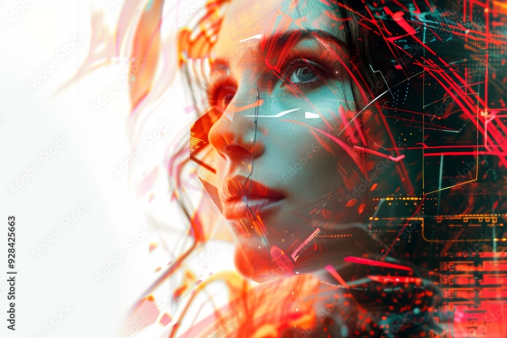 Poster digital portrait blending a woman\'s face with vibrant technological elements in a futuristic settin