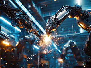 Robot welding metal in factory