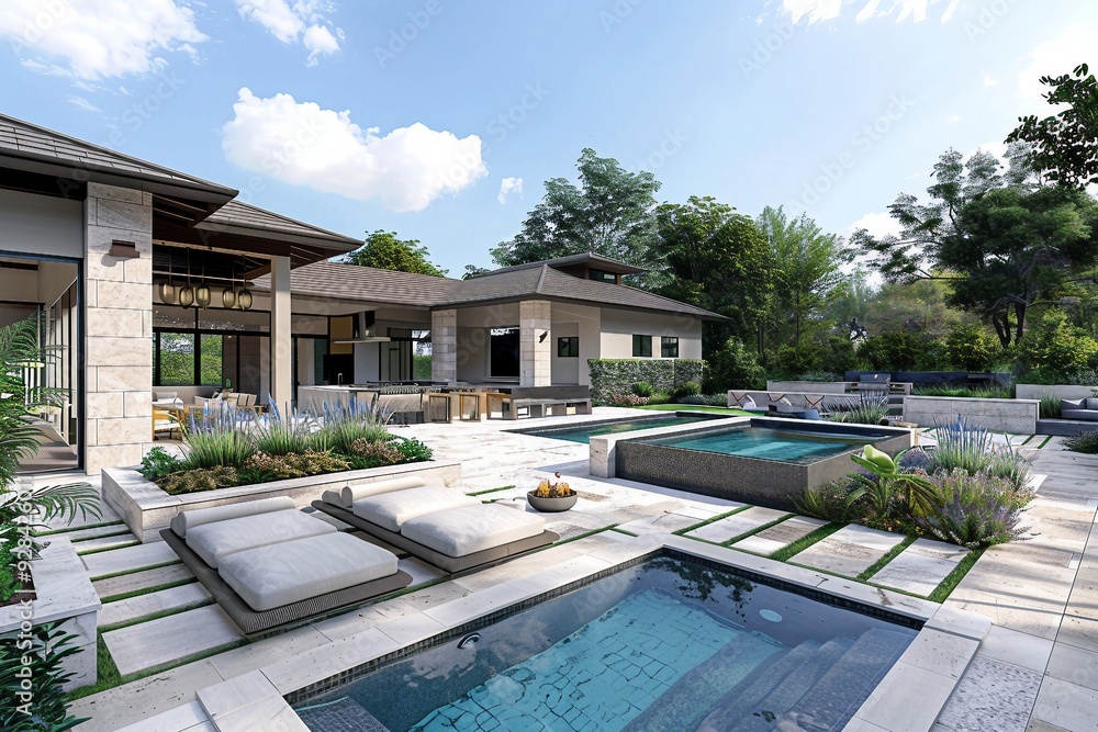 Wall mural Modern Luxury Home with Swimming Pool and Patio