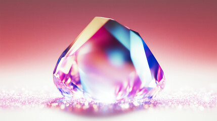Mesmerizing crystal with vibrant purple and blue hues, resting on a sparkling pink surface, exuding a sense of luxury, mysticism, and elegance. Ideal for jewelry, fantasy, or high-end product imagery.