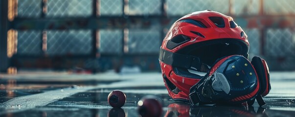 Fototapeta premium Protective helmet and pads for extreme sports, 4K hyperrealistic photo