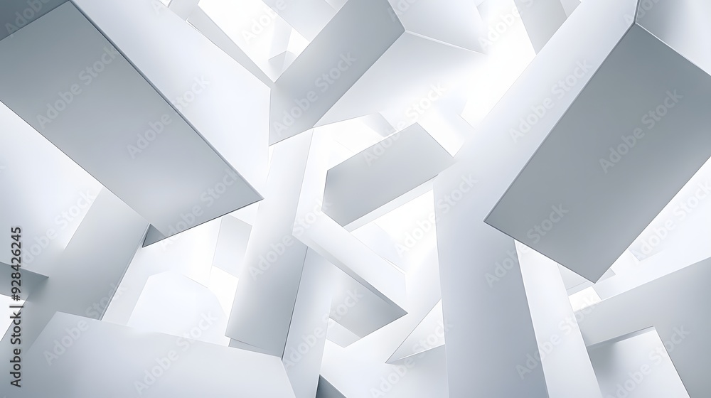 Poster 32. floating, interwoven geometric prisms forming an abstract 3d pattern on a pristine white backdro