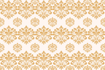 Floral vector pattern. Vintage wallpaper in the Baroque style. Seamless background. White and gold ornament for fabric, wallpaper, packaging. Ornate Damask flower ornament