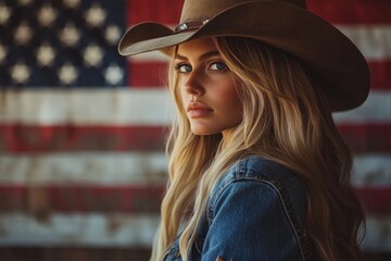 Blonde Female Cowboy in Denim Jacket Posing in Front of American Flag