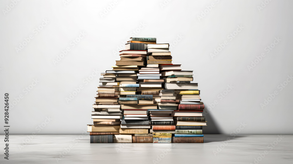 Poster a pile of books is stacked on top of each other. the books are of different sizes and colors, and th
