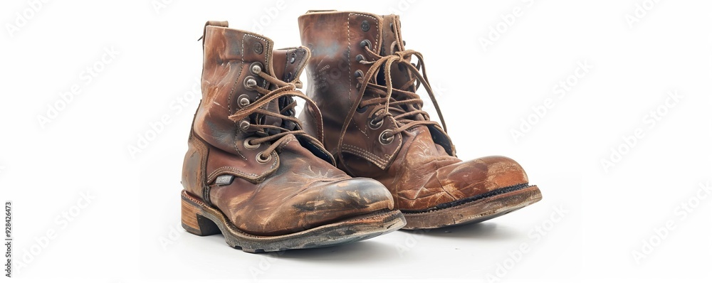 Wall mural pair of vintage leather boots on white background, 4k hyperrealistic photo