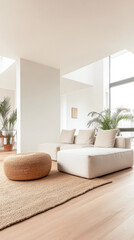 Luxury living room area with minimalist furniture and minimal decor in an interior design composition.