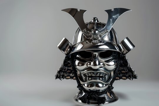Samurai mask in silver and black on gradient background
