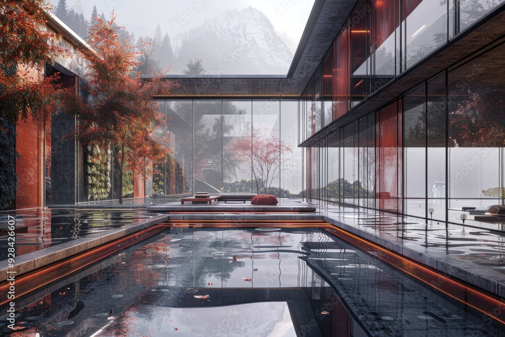 Poster a pool in a building with reflections of trees on the water