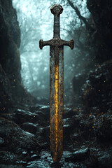 Naklejka premium Rustic Sword with Weathered Armor