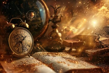 A clock sitting on top of an open book, suggesting study or learning