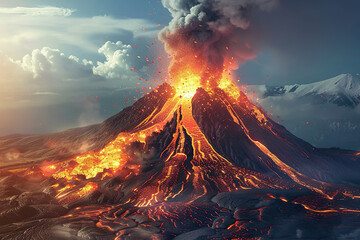 Generative ai on theme of erupting volcano with cascading hot lava surrounded thick white smoke