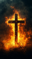 Fototapeta premium The cross on fire represents religion's powerful influence, igniting fervor and conviction in the hearts of believers. 