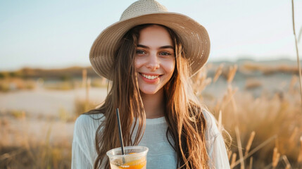 A long-haired young woman wearing a hat stands holding a drink and looks cheerful.