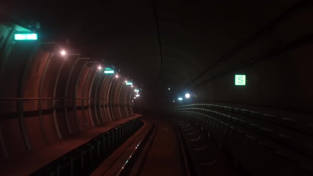 First point view of automatic train moving in subway tunnel without driver. Underground metro in Copenhagen. Transportation system of modern European city