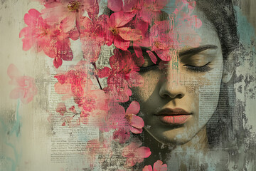 A portrait of a woman with flowers and typography, blending natural beauty with contemporary design.