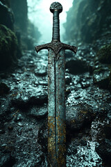 Naklejka premium Rustic Sword with Weathered Armor