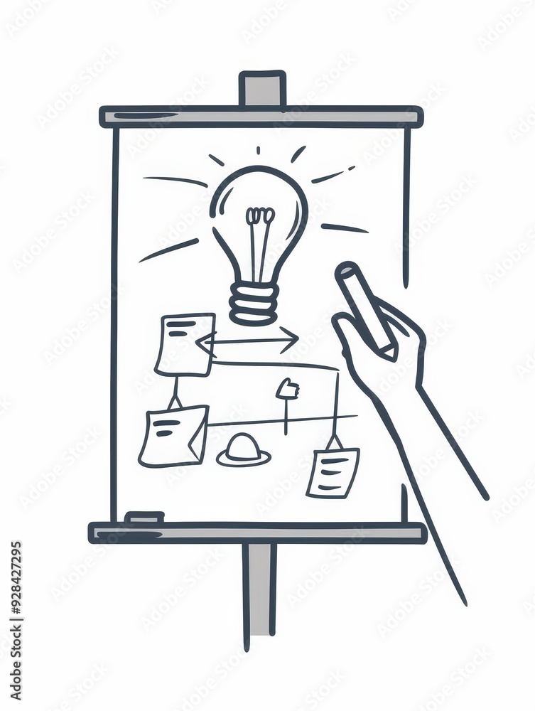 Poster a hand draws a flowchart on a flip chart with a light bulb symbolizing innovation, creativity, and p